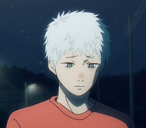 'Hikaru' com olhar cabisbaixo. Esta usando uma camiseta vermelha e está de noite. 