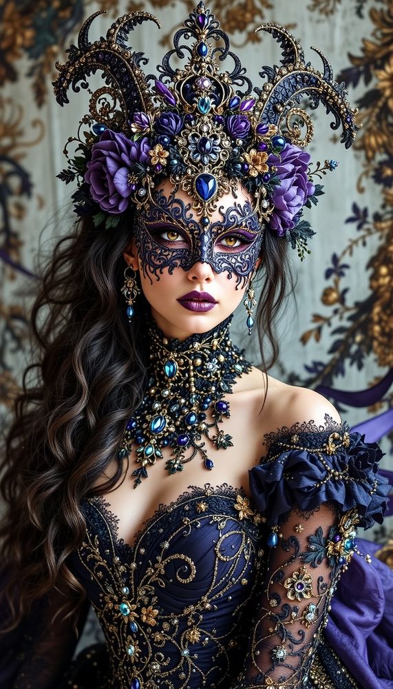 beautifull gothic princess in a High trompe loeil, Rococo masquerade mask, ornate and intricate, bejeweled, purple, indigo, gold, diamond, silver, blue