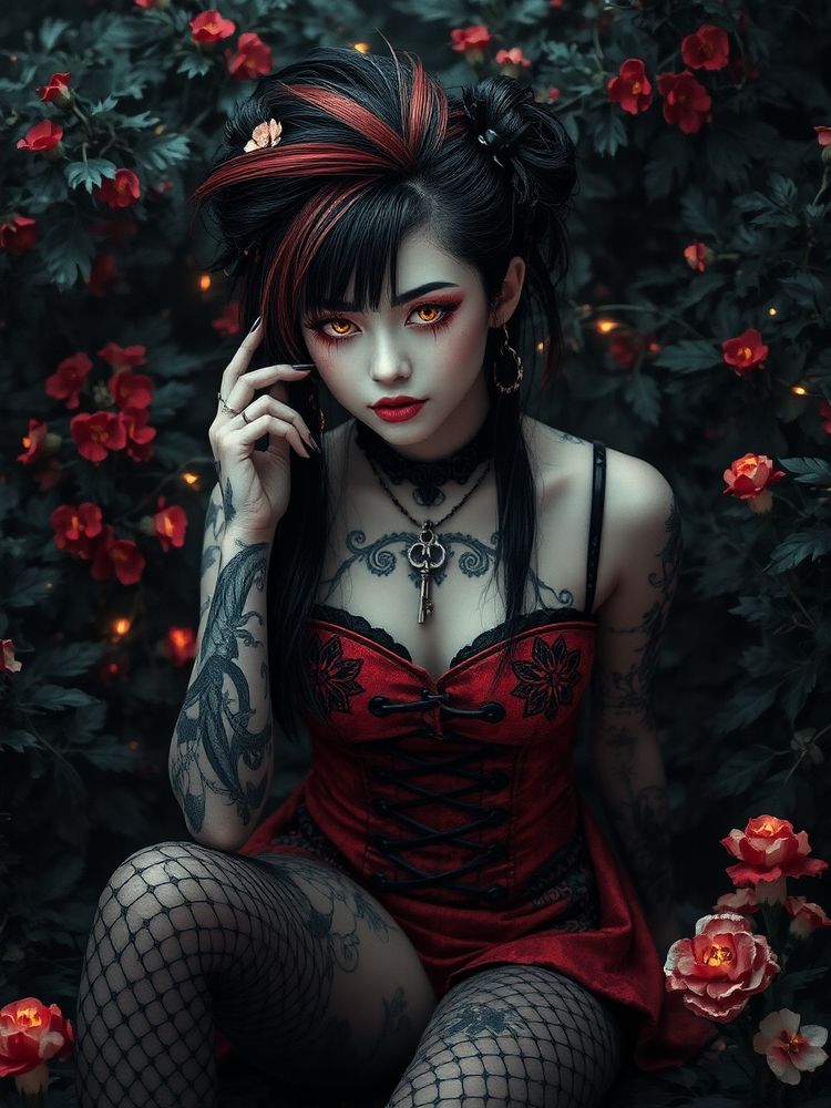 A vibrant scene featuring a gothic-inspired girl with red and black hair styled into a playful mohawk. She is wearing a stylish red corset with intricate black designs, paired with black fishnet stockings. Around her neck, she has a small, shiny key-shaped pendant. Her eyes sparkle with curiosity, and she's surrounded by lush greenery and glowing mushrooms. Her playful expression and the magical ambiance create a dynamic and enchanting atmosphere.