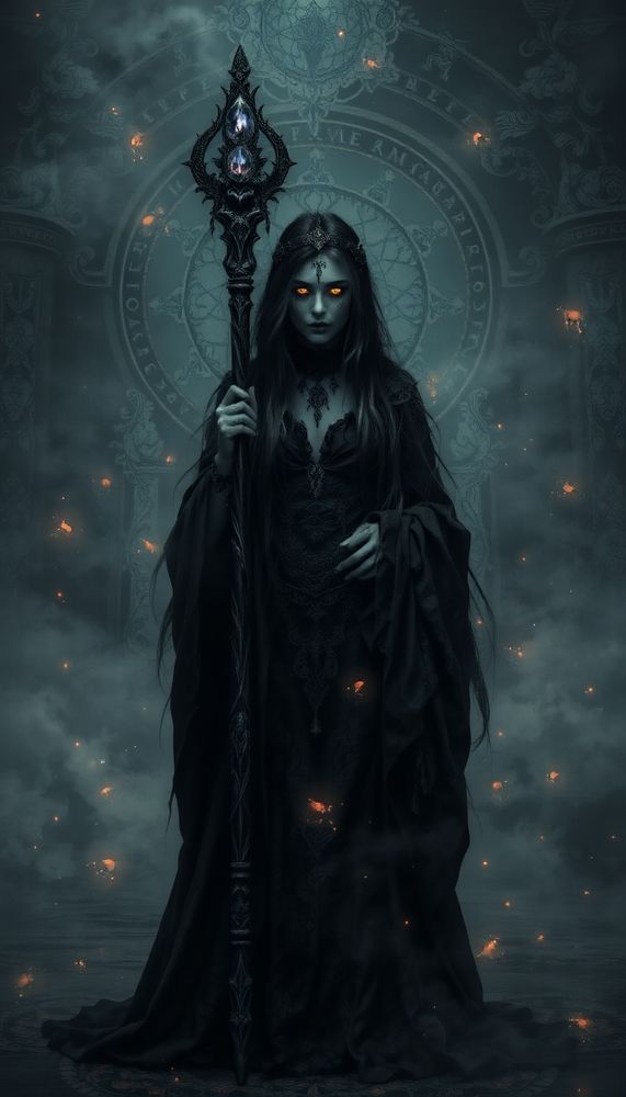A majestic and powerful sorceress queen cloaked in dark, flowing robes, her hair a mysterious raven color, stands in a grand, otherworldly hall, eyes aglow with a radiant energy. The room is filled with floating ethereal orbs and magical runes, casting a mesmerizing light. Her staff, adorned with intricate silver engravings and an amethyst crystal at the top, glows with a soft, enchanting aura. The walls are adorned with ancient tapestries depicting magical battles and celestial beings. Shadows dance around her as if they are alive, creating a dynamic and mystical atmosphere. The overall scene is set in a fantastical, mystical realm, with a blend of Gothic and ethereal elements.
