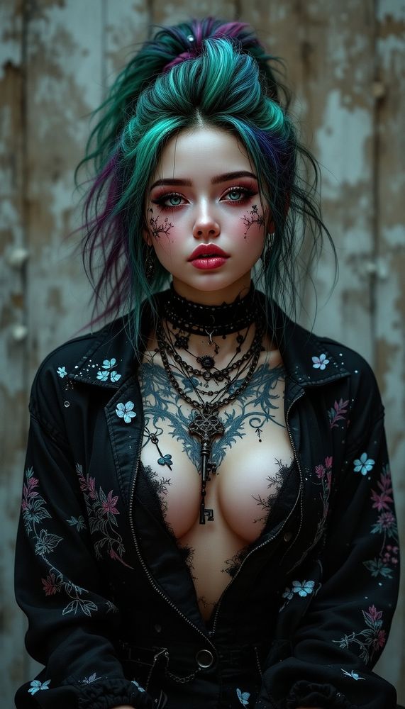 Visualise a playful goth girl wearing a small key on the chain around her neck(GOTHIC)  Female chubby ponytailed (mohawked) haired tattooed (((chubby))) colourful hair and make-up.