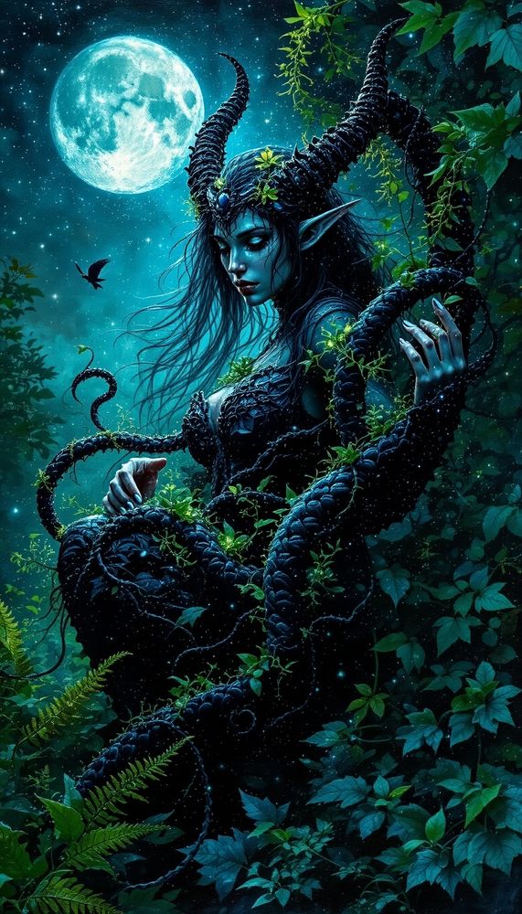 A mystical scene featuring a dark elf maiden entwined with glowing bioluminescent vines under a starry sky, her pointed ears and elven beauty accentuated by softly shimmering moonlight, with a lush, enchanted forest in the background and a gentle, magical breeze swaying the leaves.