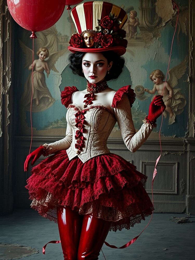 A theatrical female figure in neo-baroque circus fashion stands poised in a decaying palatial chamber — she wears a structured ivory corset adorned with scarlet velvet ribbons, ornate lace ruffles, and hand-stitched embellishments that shimmer faintly in the dim light. Her tutu skirt is voluminous and textured like antique lace drapery, layered over high-gloss red leggings fastened with gilded buttons. Her gloves and balloon are lacquer-red, echoing a twisted elegance.
Her towering striped top hat is transformed into a sculptural headpiece — baroque in form, adorned with dark red roses, gold embroidery, silk bows, and miniature masks. Her face is a masterpiece of stylized decadence: porcelain-like skin, deep crimson lips, ornate makeup resembling 18th-century masquerade motifs with surreal doll-like touches.
Behind her: a crumbling frescoed wall from a forgotten aristocratic theatre — with peeling murals of angels, harlequins, and fractured cherubs.