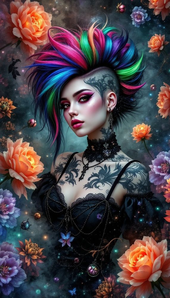 A whimsical scene featuring a lively, chubby gothic girl with a vibrant, multicolored mohawk hairstyle and tattoos, donning a small key necklace. She's immersed in a fantastical setting where oversized, intricate flowers bloom around her, their petals glowing with a soft, otherworldly light. The background is an enchanting blend of dark and vibrant hues, with swirling, ethereal mist creating a magical atmosphere. Her makeup is bold yet playful, complementing her unique appearance.