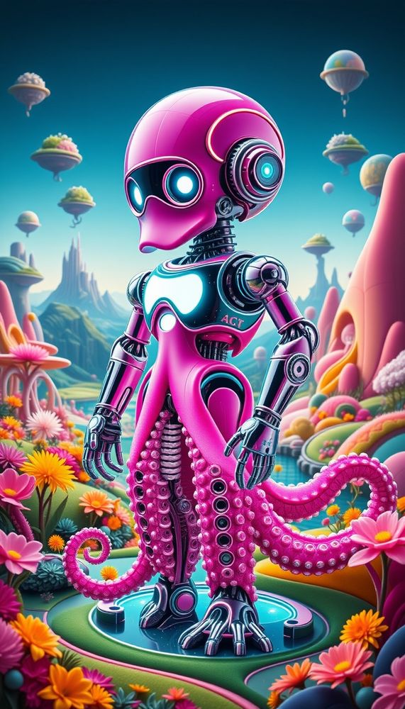 A charming illustration of a retro pink octopus robot standing gracefully amidst a futuristic garden, vibrant and colorful. The robot features intricate mechanical details, illuminated with soft, glowing neon lights. The background showcases a panoramic, otherworldly landscape with floating islands and whimsical flora. 