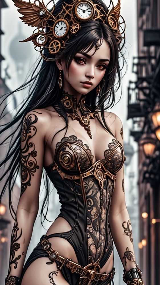 A majestic Steampunk Gothic-inspired goddess with an ethereal, lithe physique stands proudly, her statuesque form adorned with intricate, copper filigree and delicate clockwork mechanisms that harmonize with her slender, elongated limbs. Her piercing gaze is accentuated by a slender, bejeweled mask covering her eyes, framing refined, porcelain-like features. In the background, a grand, ornate clock tower dominates the atmosphere, its gears and cogs blending seamlessly with the rich, dark velvet sky.