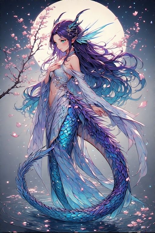 A stunningly rendered, ethereal hentai hybrid, a mesmerizing fusion of human and mythical creature. With the grace of a nymph and the fierce power of a dragon, she stands at the water's edge of a serene moonlit pond, her scales shimmering with an iridescent glow that casts a soft light across the scene. Her upper body is that of a voluptuous, alabaster-skinned woman with emerald eyes, lush hair cascading down her back in waves of deep purple and blue. From her waist down, a majestic dragon's tail, adorned with fine scales and delicate fin-like protrusions, arches elegantly to the water's surface, creating a rippling effect that mirrors the stars above. The creature's wings, a blend of translucent skin and gossamer feathers, fold gently against her sides, framing her feminine form.