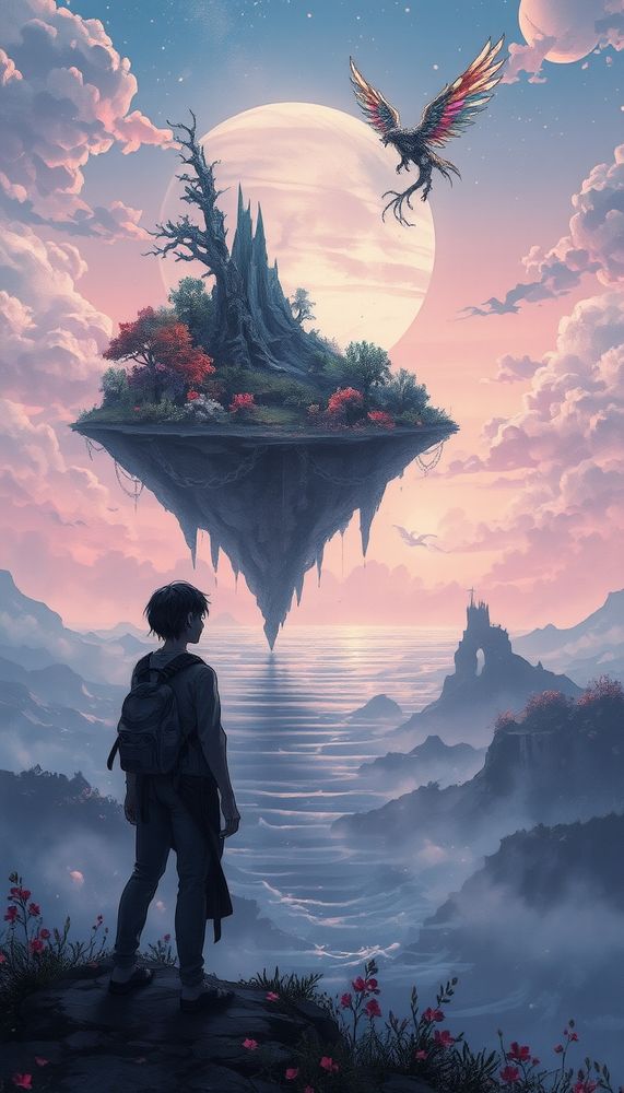 In a surreal, ethereal landscape, a lone wanderer gazes upon a floating island, where the sky meets the sea. The horizon is painted with hues of pink, purple, and orange, as if the sun and moon are sharing the sky. The island is covered in lush, mystical flora, with trees that glow softly in the twilight. A giant, ethereal creature, with wings like stained glass, soars above, casting a rainbow of colors upon the landscape. The scene is both peaceful and otherworldly, with a sense of magic and wonder. Style of Hayao Miyazaki, detailed linework, vibrant colors, dreamy lighting --ar 9:16 --v 5.1