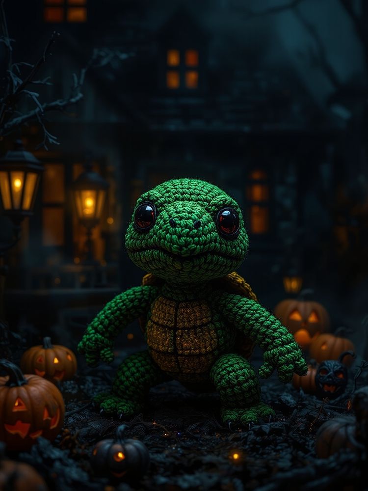 crochet turtle in a haunted house