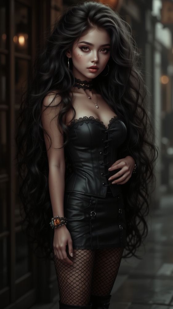 A stunningly detailed (((full body photograph))), inspired by the gothic movement, featuring a (((cute chubby girl))) who exudes an air of (extreme seduction). Her long, flowing (black hair) cascades in soft (wavy curls) around her face, complemented by (freckles) that add a whimsical touch to her features. Her eyes are a (bright red), captivating shade of (seduction)) that draws the viewer in. She's dressed in a (black leather corset) paired with a (tight studded black leather skirt) and (black fishnet stockings))) and (gothic boots) that add a playful touch to her ensemble. She's accessorized with a (black leather bracelet) adorned with ((small glass bottles)). The scene is set against a backdrop of (extreme seduction) that's reminiscent of a (Burma, where gothic fashion meets the whimsy of anime-inspired design).