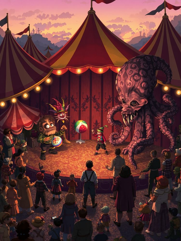 A whimsical carnival scene at twilight, featuring a variety of bizarre and fantastical creatures with exaggerated features performing under the vibrant glow of colorful tents, surrounded by mesmerized spectators in period clothing. A lion with four eyes, a jester with a rainbow-colored juggling ball, and a giant octopus-like tentacle creature with intricate patterns on its skin dominate the stage. The scene is bathed in warm, golden light, accentuated by the dramatic shadows of the tents and performers, creating an atmosphere of wonder and amusement.