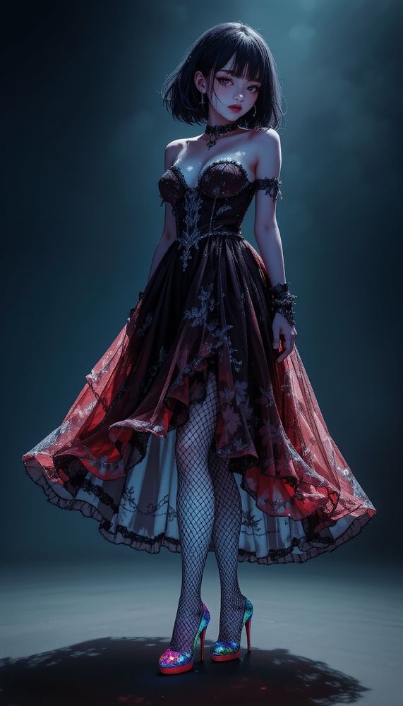 A beautiful female clad in a flowing, gothic-inspired gown with intricate, silver lace details and a hint of glowing, rainbow accents in the light, stands gracefully. The gown's deep red and dark grey color palette contrasts with the vibrant rainbow undertones, as it sways around the figure's knees. The woman's legs are adorned with sparkling, iridescent fishnet stockings, blending whimsical and surreal elements. Delicate, iridescent high heels peek out from beneath the lace hem, their colors shifting in the light. Ethereal and dreamlike, the creature exudes an otherworldly charm, its presence captivating and enchanting, embodying a fusion of gothic elegance and cosmic wonder.