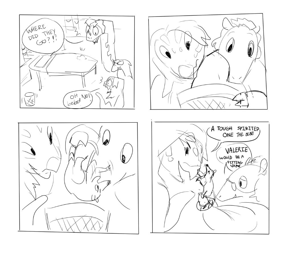 Part two of the comic the doctor agrees but looks to find the baby is missing and not in the cot. A trash is rustling nearby. Fexis sticks their hand in it and fishes out a small coaty baby by the tail. It i s angry and trying to scratch him. Zafira and Fenix looks at the baby coati lovingly, and say they are a tough one which gives them Valerie to be a fitting name. The end thanks for reading!  