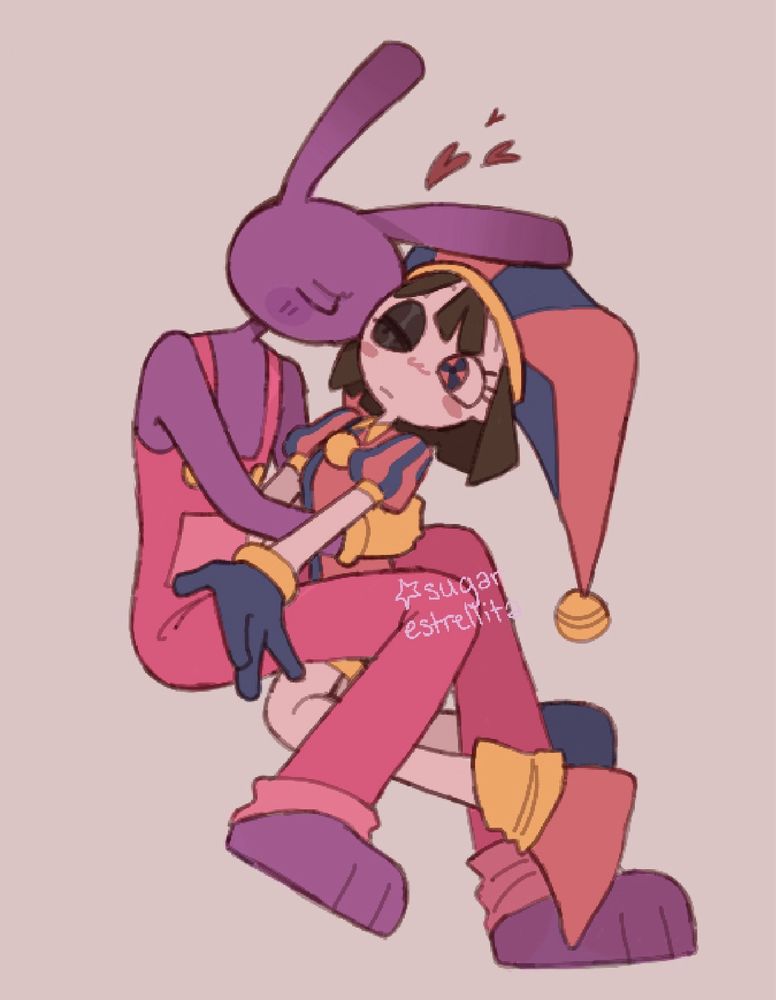 A tall lanky purple humanoid rabbit guy named Jax from the amazing digital circus giving a lil smooch to a shorter jester girl named Pomni has a red, blue, and yellow theme. She seems comfortable but confused of his flustered demeanor and he’s brewing with embarrassment for being so affectionate. 

Please don’t repost my drawings 🙏