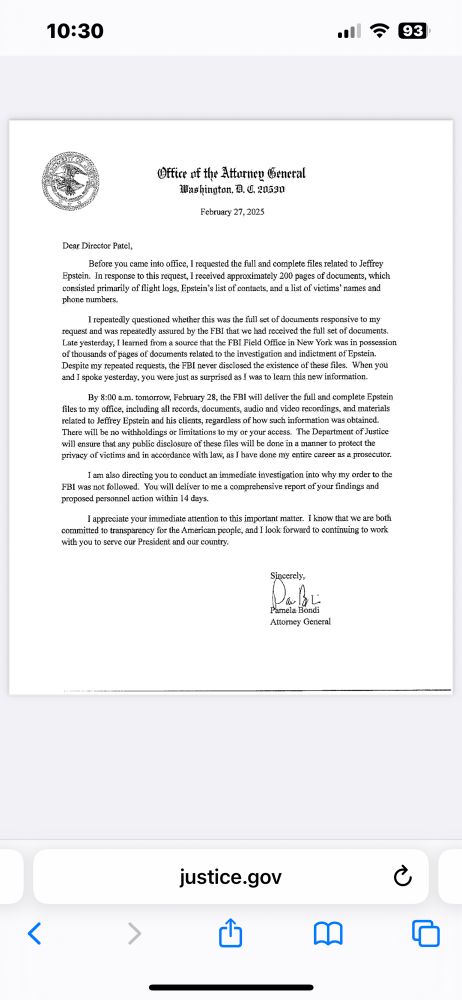 Letter from Pam Bondi to Kash Patel acknowledging receipt of Epstein’s contact list and requesting additional files. 