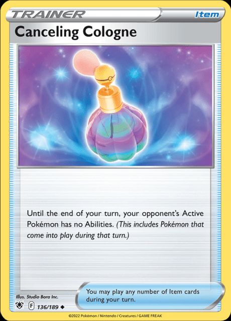 This is a Pokémon card for canceling cologne. Which states until the end of your turn, your opponent's active pokemon has no abilities.