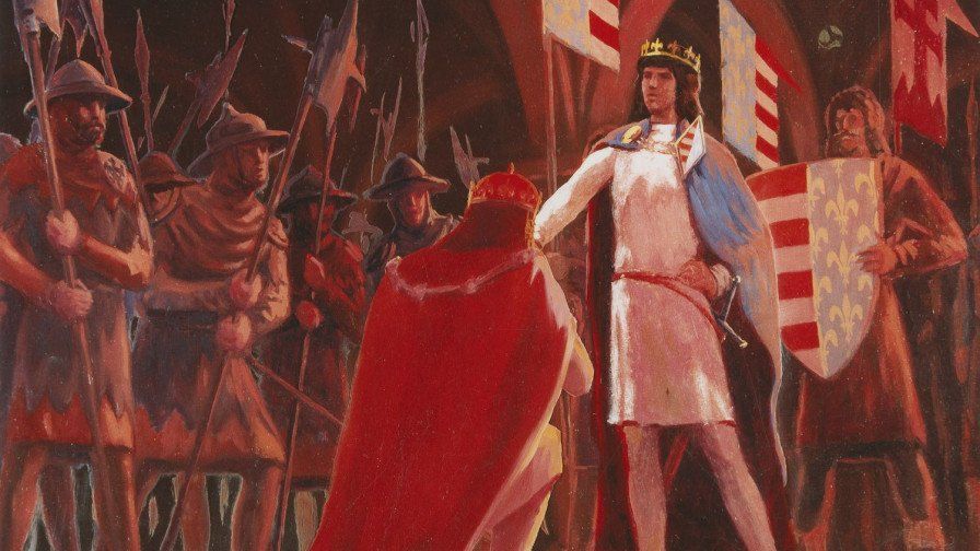 Still from the film Heroic Times, featuring a character kneeling before a king