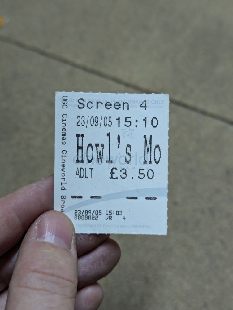 Cinema ticket stub for Howl's Moving Castle, UGC Birmingham, September 2005