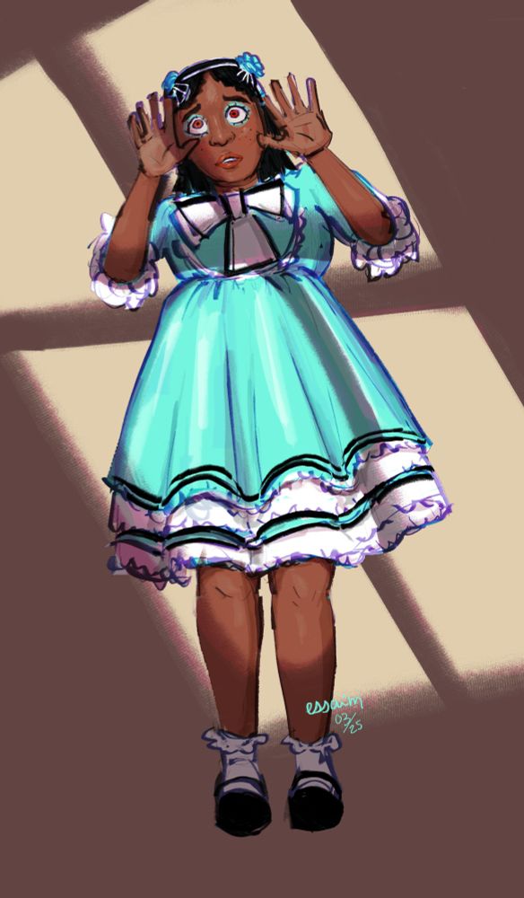 Digital art of Claudia from season 2 of  Interview With the Vampire when she performs "My Baby Loves Windows". She is a black girl with shoulder-lenght hair styled in doll-like spiral curls. She wears a bright teal puffy knee-lenght dress that has white ruffles and black and white ribbons. She is standing straight and looking upwards in a longing expression. Her hands are held out in front of her at head-level like she is looking through a window, and a window-shaped shadow is projected on her and on the otherwise solid-color beige background. The colors are applied loosely, going a bit over the lines in random areas, and the lineart is translucent blue and sketchy in style. Signed essaim 03/25