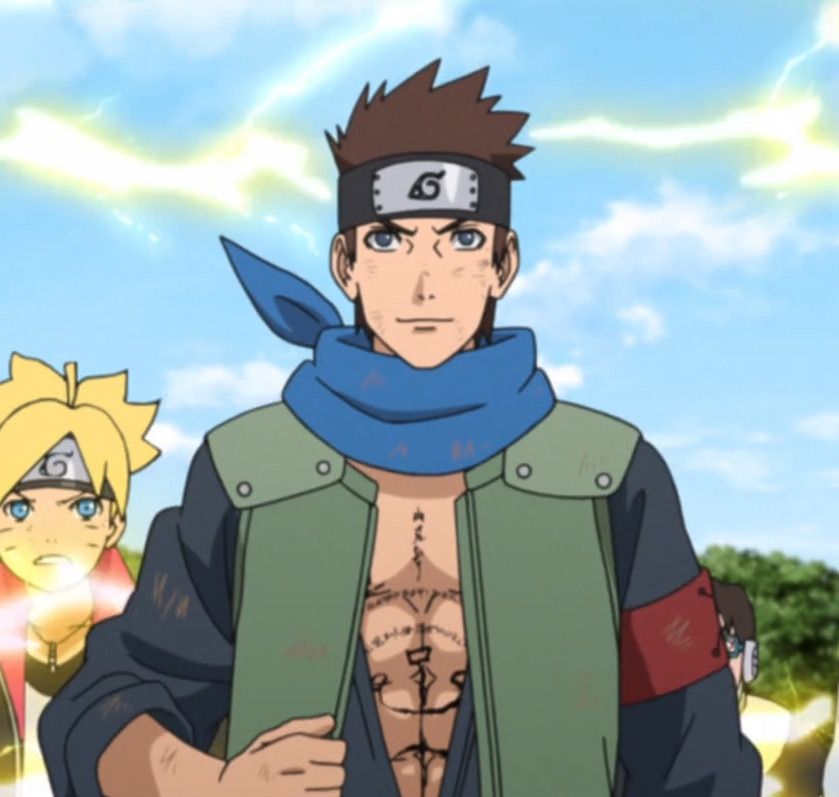 A screenshot of an episode of Boruto, showing Konohamaru with his flack jacket and uniform blouse open, revealing his absolutely jacked abs and a cool-looking Sarutobi seal painted on his torso in black ink.