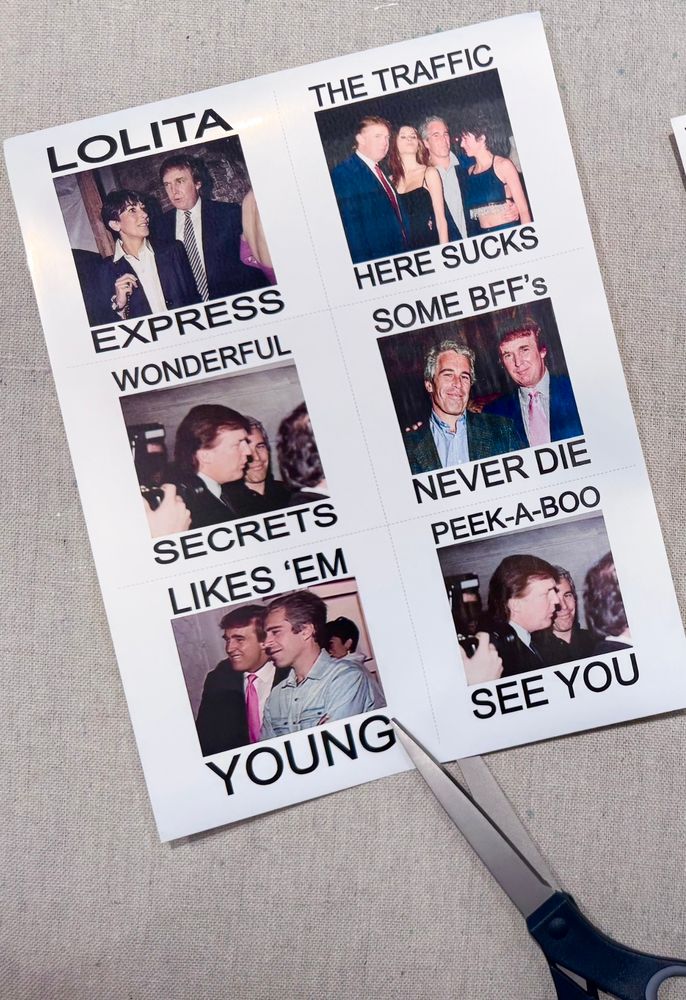 A bunch of stickers on a sheet, of Jeffrey Epstein and Donald together.