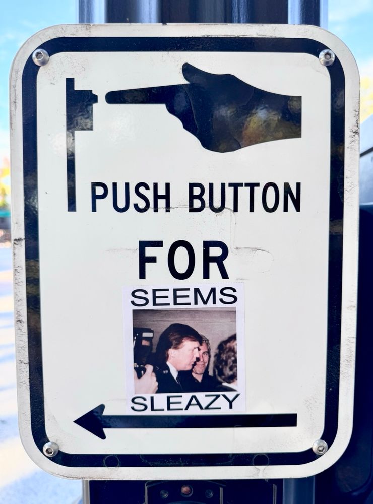 Crosswalk sign above a button to push for the signal reads:

PUSH BUTTON
FOR


Then a sticker below that, of Donald and Jeffrey reads:

SEEMS
SLEAZY