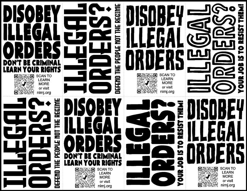 A sticker sheet of a bunch of small stickers, speaking on disobeying legal orders for troops