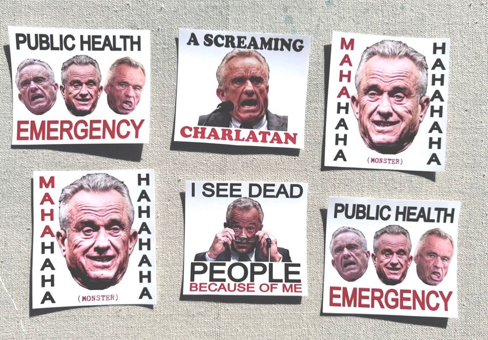 A bunch of stickers with RFK Junior‘s head cut out that read things like: A SCREAMING CHARLATAN