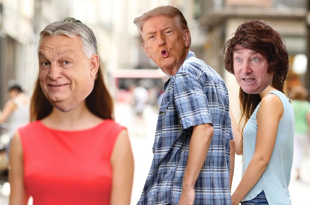 The “distracted boyfriend” meme, but with the faces of Victor Orban, Donald Trump and Javier Malay
