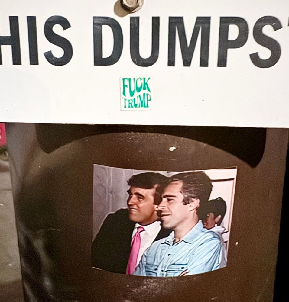 A tiny sticker reads f@$k trump and another sticker is a picture of Donald with Jeffrey Epstein. For some reason, part of a big sign above reads: HIS DUMPS