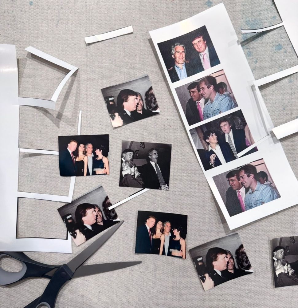Pictures of Jeffrey, Epstein and Donald Trump cut out into stickers