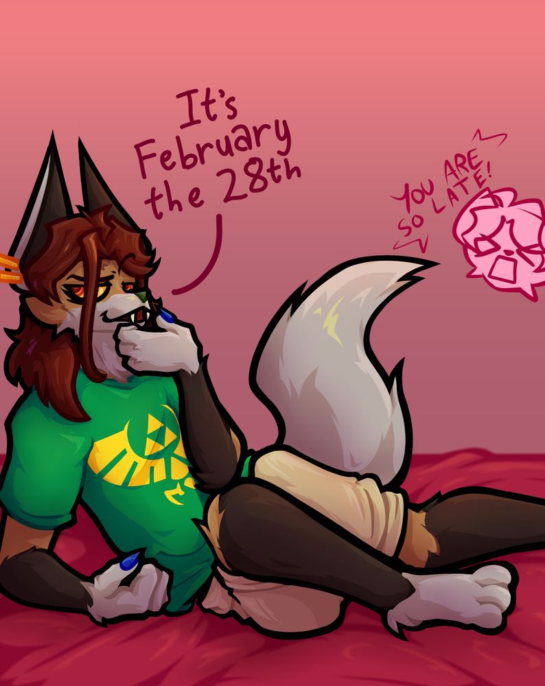 An anthro character, Jaco (they/them), lying seductively on a silk surface, they're saying "It's February the 28th". A small icon of another character, Chari (she/her), shouts "YOU ARE SO LATE!" #oc #furry #furryart