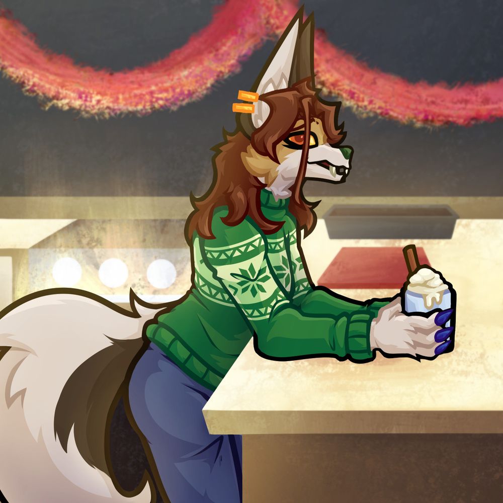 Anthro character (Jaco, they/them) in a kitchen looking at viewer. Behind them the oven is on fire. #oc #furry #furryart
