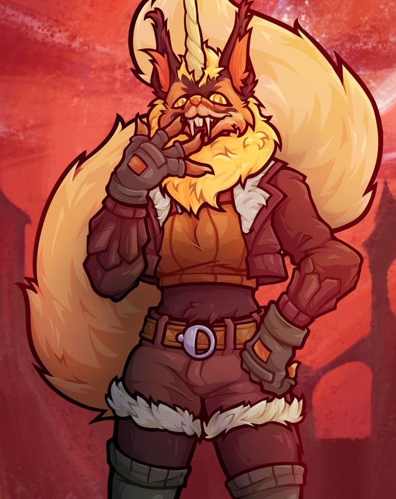 Hydrid of Squirrel Girl and Rataoskr as a squirrel anthro, standing behind a red moonlit background. #furry #furryart #marvelrivals #ratatoskr #squirrelgirl