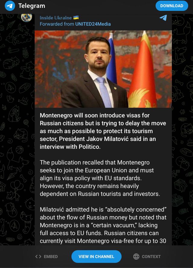 Montenegro will soon introduce visas for Russian citizens but is trying to delay the move as much as possible to protect its tourism sector, President Jakov Milatović said in an interview with Politico.

The publication recalled that Montenegro seeks to join the European Union and must align its visa policy with EU standards. However, the country remains heavily dependent on Russian tourists and investors