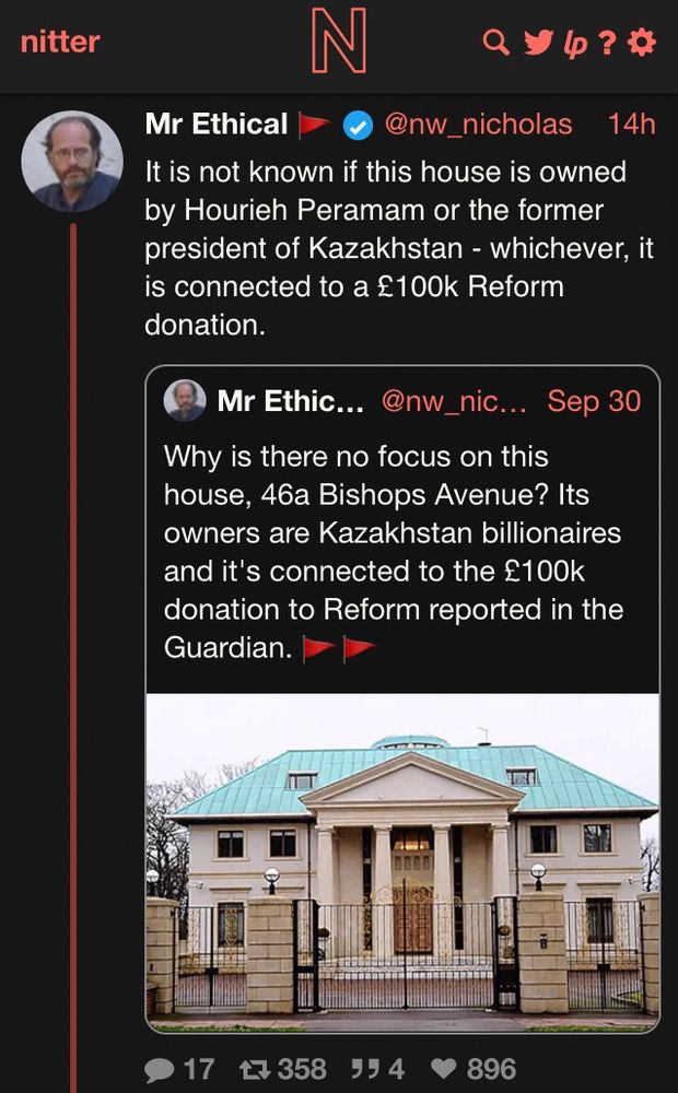 Why is there no focus on this house, 46a Bishops Avenue? Its owners are Kazakhstan billionaires and it's connected to the £100k donation to Reform reported in the Guardian