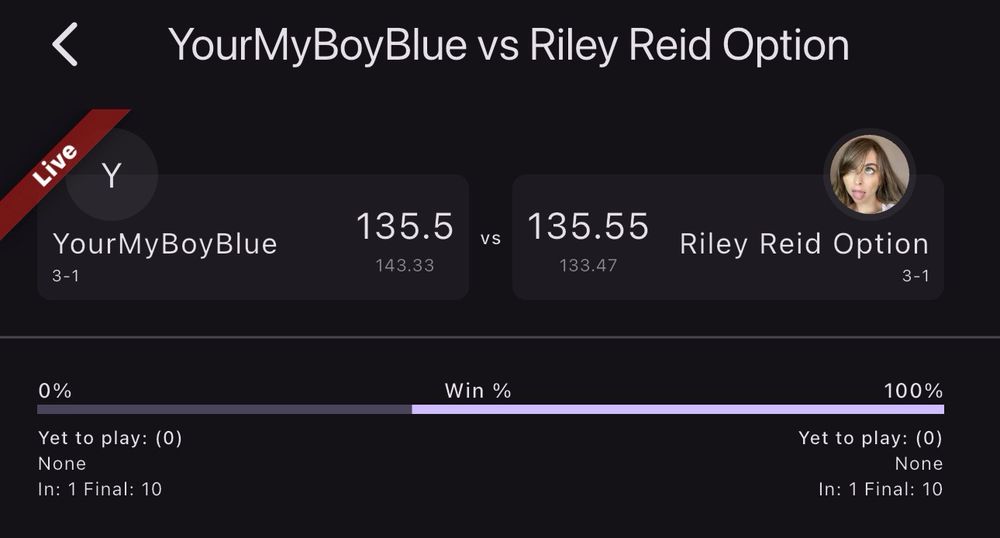 A fantasy football shoreline with one team having 135.5 points and the other (my team) having 135.55