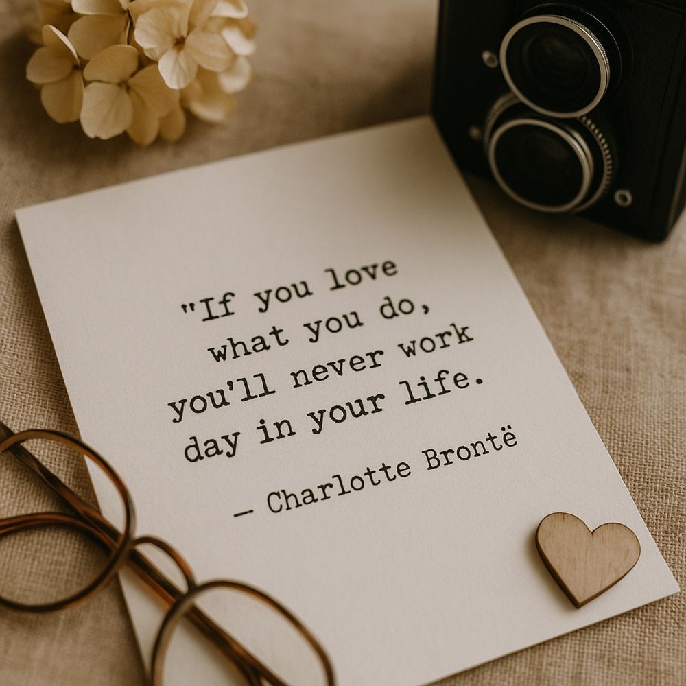 A typewritten message card saying “If you love what you do, you’ll never work day in your life.” — Charlotte Brontë