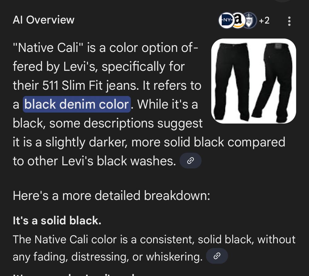 An AI summary explaining that Native Cali is a solid black jeans colour without any fading distressing or whiskering