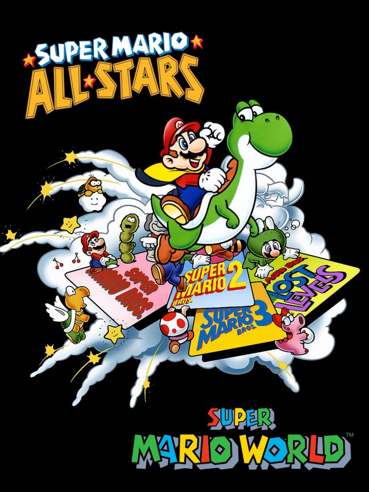A 3:4 ratio image for Super Mario All-Stars + Super Mario World. The title is divided with Super Mario All-Stars on the top-left and Super Mario World on the bottom-right. In the middle, there is the artwork for Super Mario All-Stars, showing the logos of the games present in the compilation: Super Mario Bros., Super Mario Bros. 2, Super Mario Bros. 3 and Super Mario Bros.: The Lost Levels. Around these logos, there are some illustrative characters like a Green Paratroopa, a Lakitu, a green Pokey, Mario pulling a vegetable from the ground, Birdo holding and egg, a Toad climbing, Mario in a Frog Suit, Mario in a Tanuki statue form, all of it over a white cloud in the form of Bowser. Over all of it, there's the artwork of Caped Mario riding a Green Yoshi from Super Mario World.
