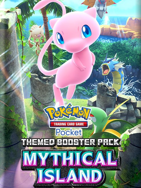 A 3:4 ratio image for Pokémon Trading Card Game Pocket: Themed Booster Pack - Mythical Island. The title is at the bottom, while above there's the pokémon Mew looking at the viewer, flying in front of a forested island setting, with other pokémon being shown, such as a Primeape hanging on a palm tree and a Gyarados in the water.