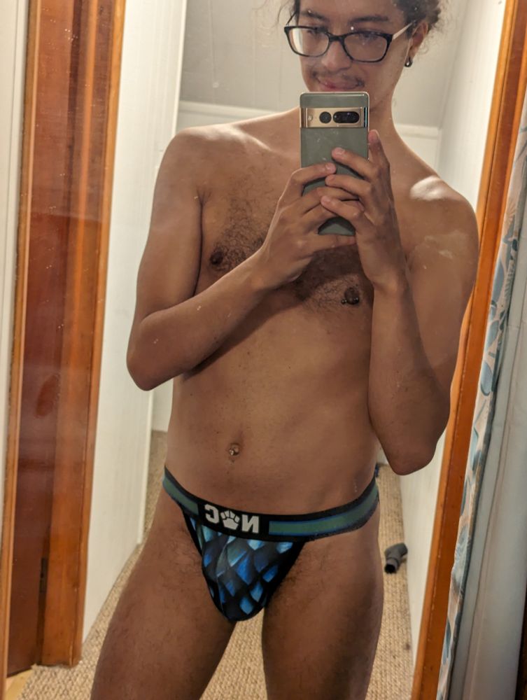 photograph of me wearing a patterned blue nomad complex jockstrap