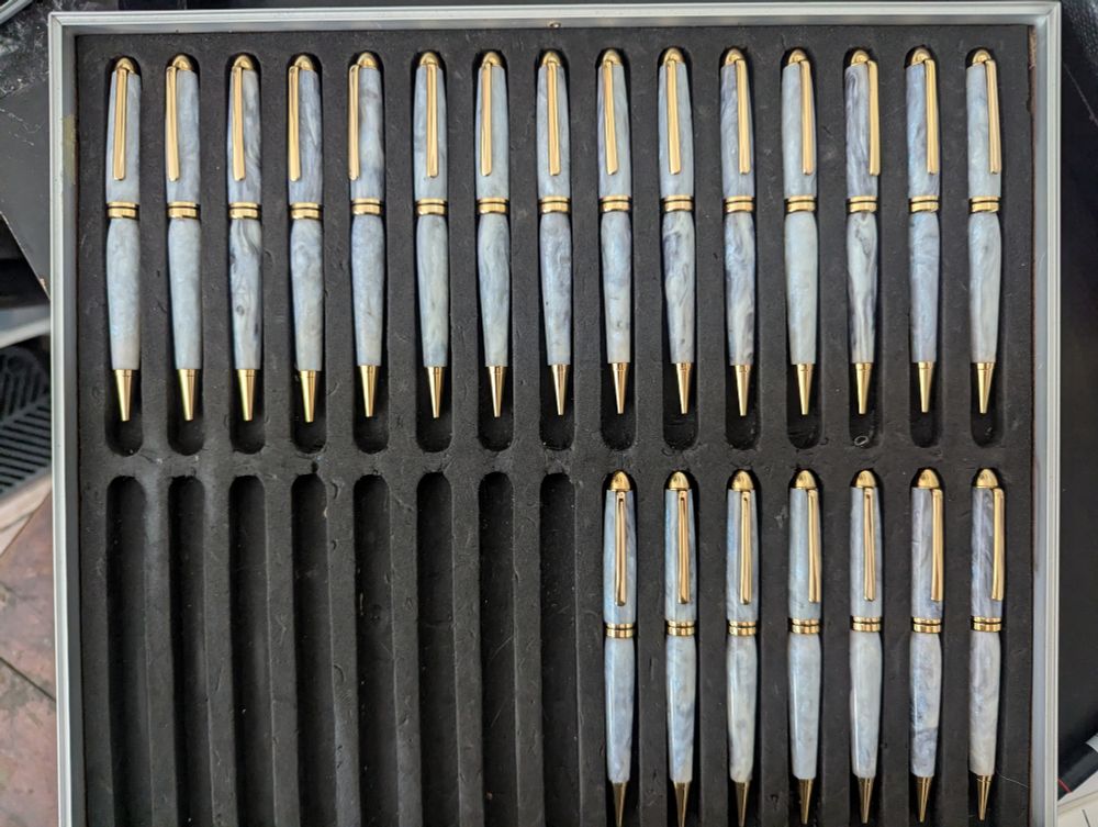 silvery pens with gold hardware lined up in a protective case 