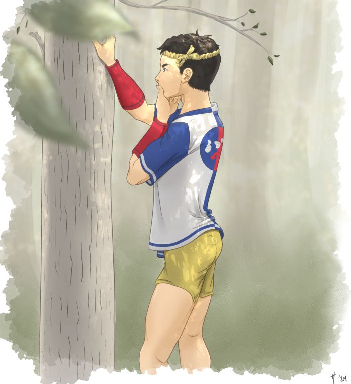a digital drawing of Goro from Suikoden III, pictured here as a sun-dappled ambiguously Japanese young man with short hair, a blue and white shirt, and yellow shorts, and he is examining a tree trunk thoughtfully. also he's caked up.