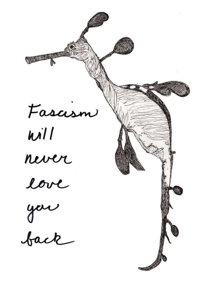 Ink drawing of a weedy sea dragon with the words "Fascism will never love you back" handwritten alongside it