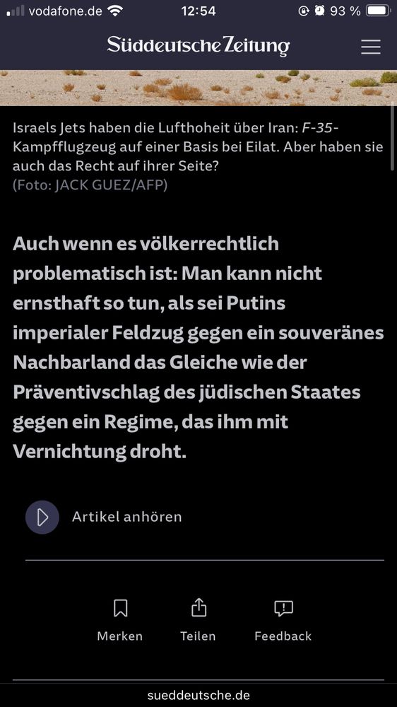 Sub-heading of the article above saying that even though from a human rights point of view Israel’s attack is position is “problematic” one cannot compare with the Russian invasion of Ukraine because the forme is “preventive” against a threatning nation while the latter is an imperialist incursion.