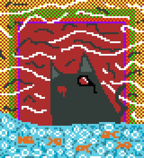 A pixel drawing of a black cat looking down into a body of water filled with goldfish. the cat appears to have a monocle and a bleeding eye.

I, the creator myself, have no idea about the frame and the background. So nothing to explain.