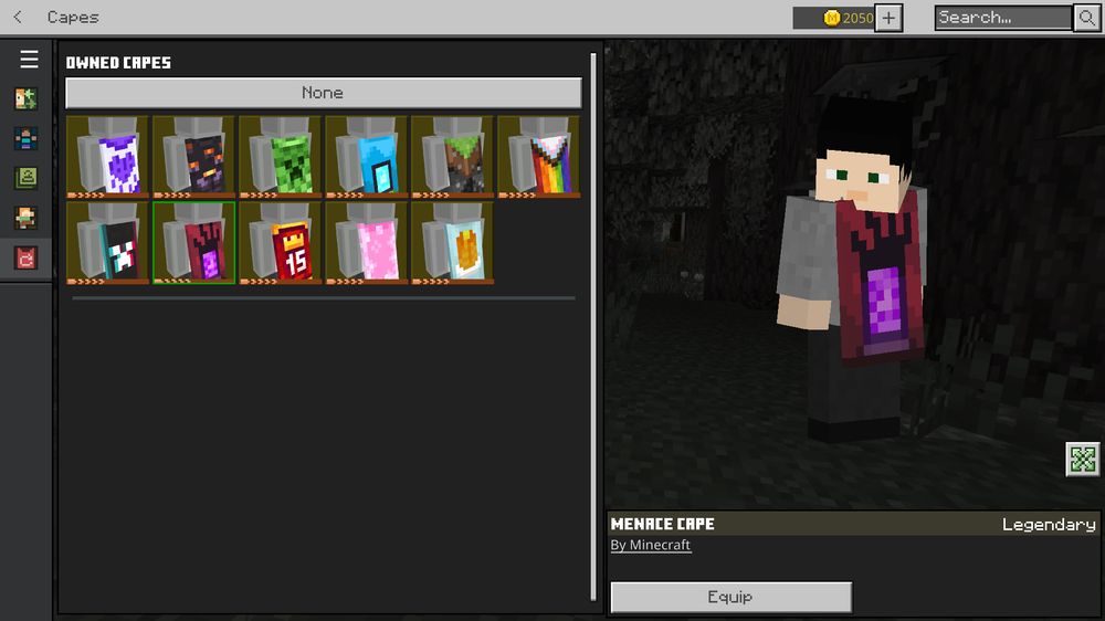 The Minecraft Bedrock Edition Cape menu, with my owned capes notably including the Follower and Menace capes exclusive to TikTok rewards, which I acquired without installing the TikTok app or making a account with my actual email. There are also 2050 Minecoins currently on the account, which I got for free (along with a few thousand more prior) through Microsoft Rewards.