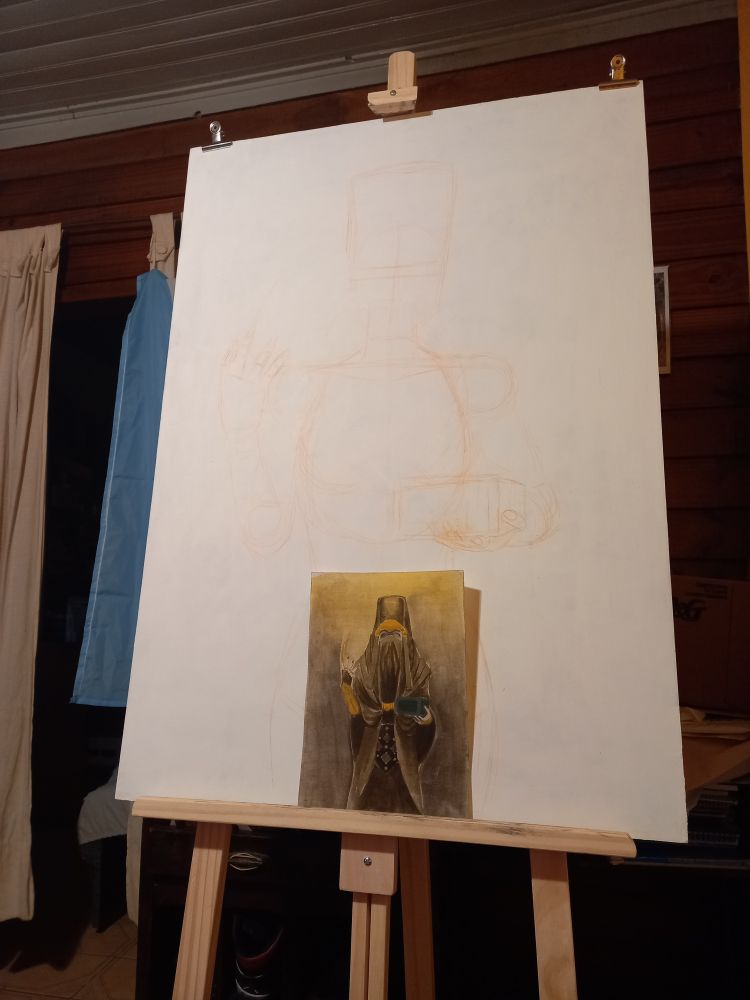 Bene Gesserit sketch over a 100×70 cm board on an easel