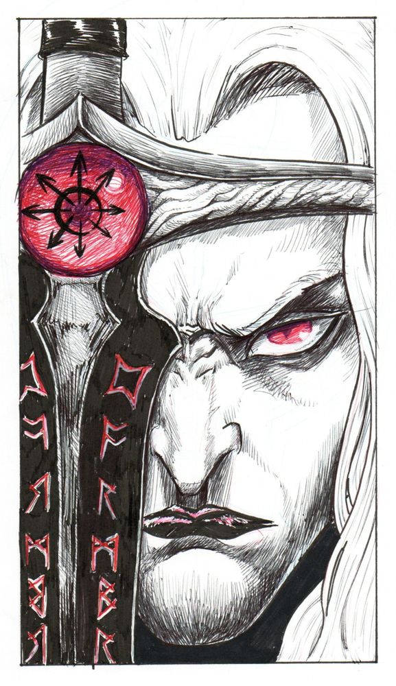 close up of Elric of Melnibone's face with Stormbringers over his right eye